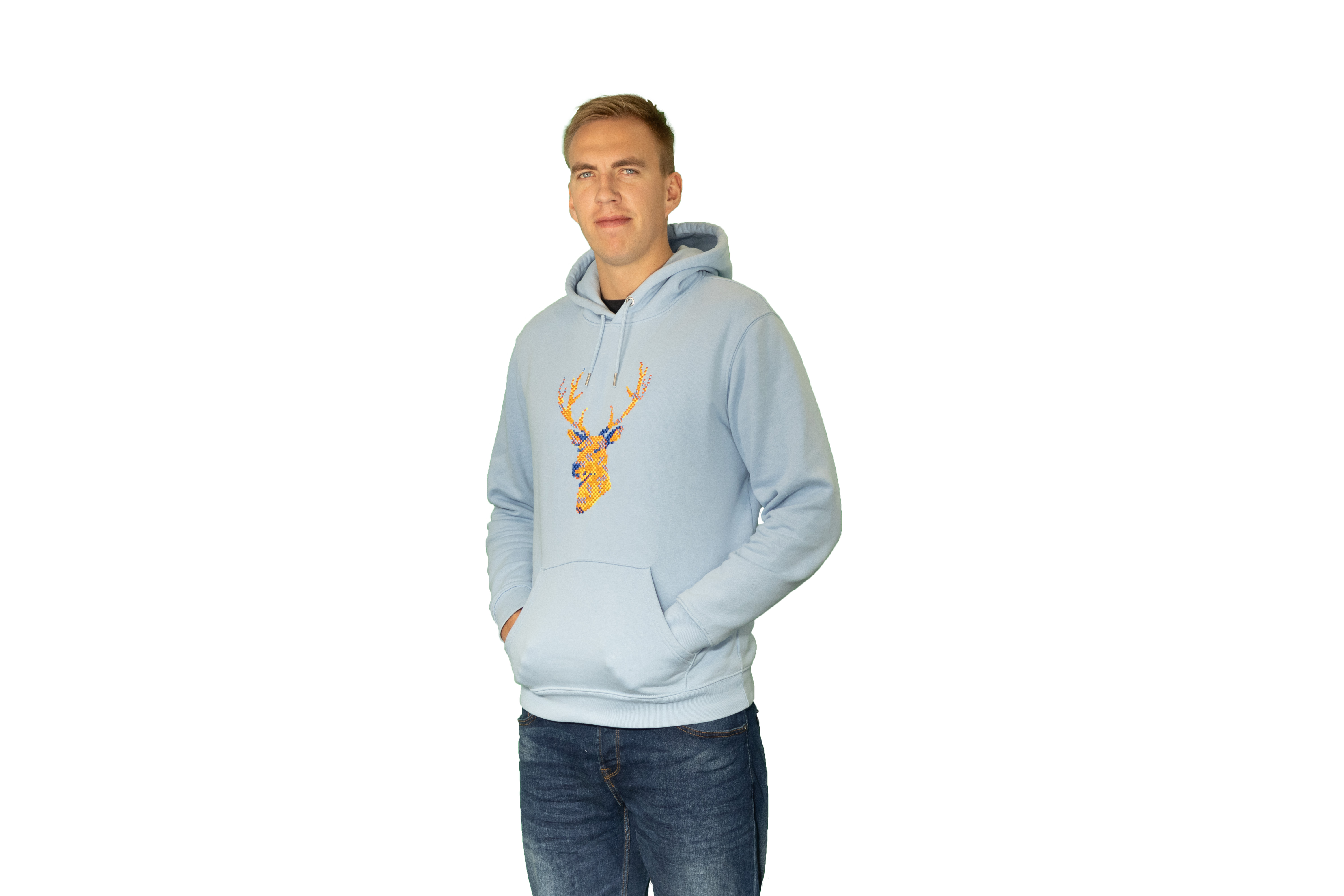 Netzhirsch-Pullover hellblau